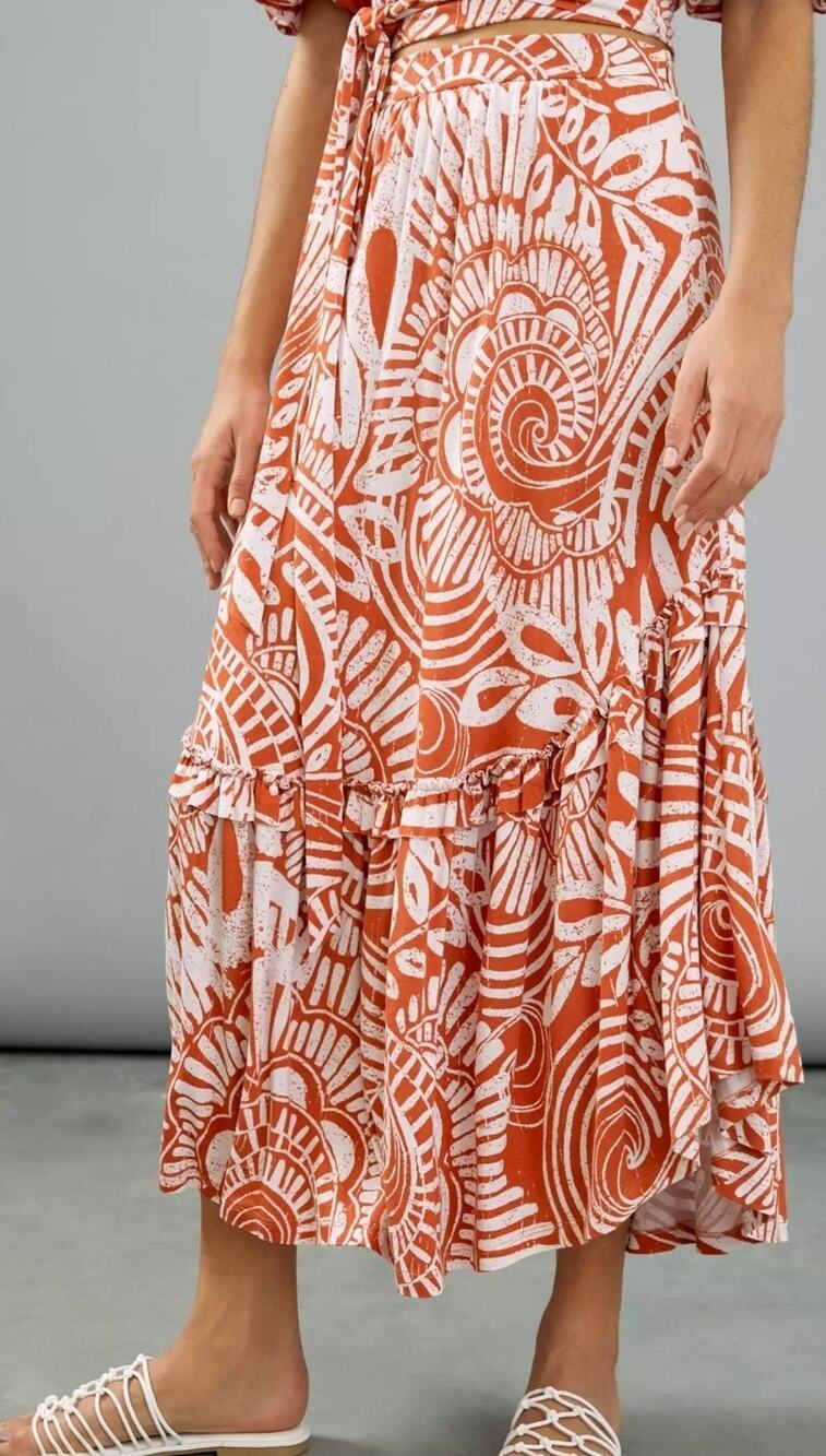 Anthropologie Bodhi Midi Skirt Tiered Elastic Waist White Orange | S Casual Boho